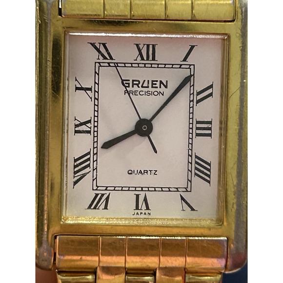 Vintage Gruen Precision Gold Tone Rectangular Quartz Men\'s Watch New Batteries
